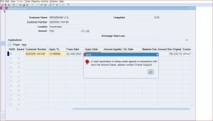 A Cash application is being against a transaction with zero line amount basis, please contact oracle support