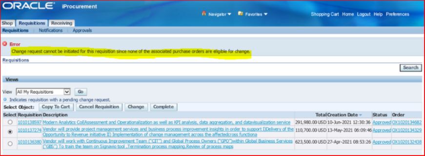 Unable to raise the change request on the requisition in iprocurement