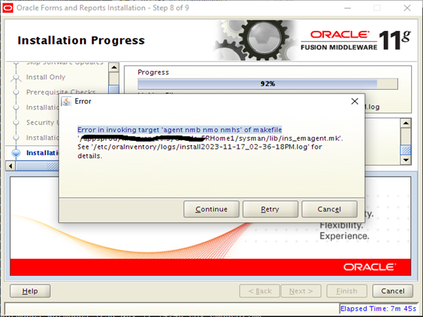 Oracle Forms and Reports 11.1.2.2.0 Installation: “invoking target agent” Error