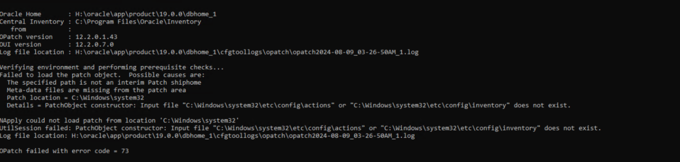 OPatch failed with Error code 73